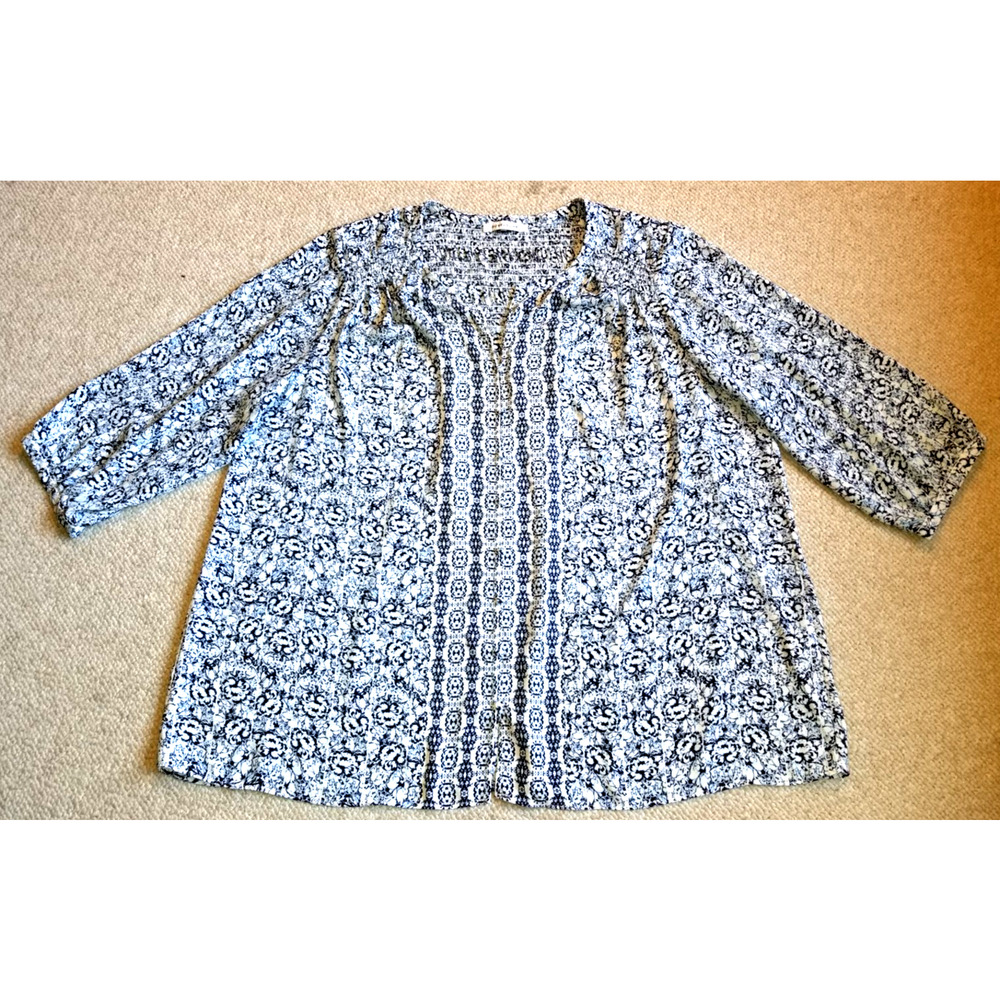 Womens Top-ROSE + OLIVE-white/blue floral silky tunic Cottagecore smocked-3X